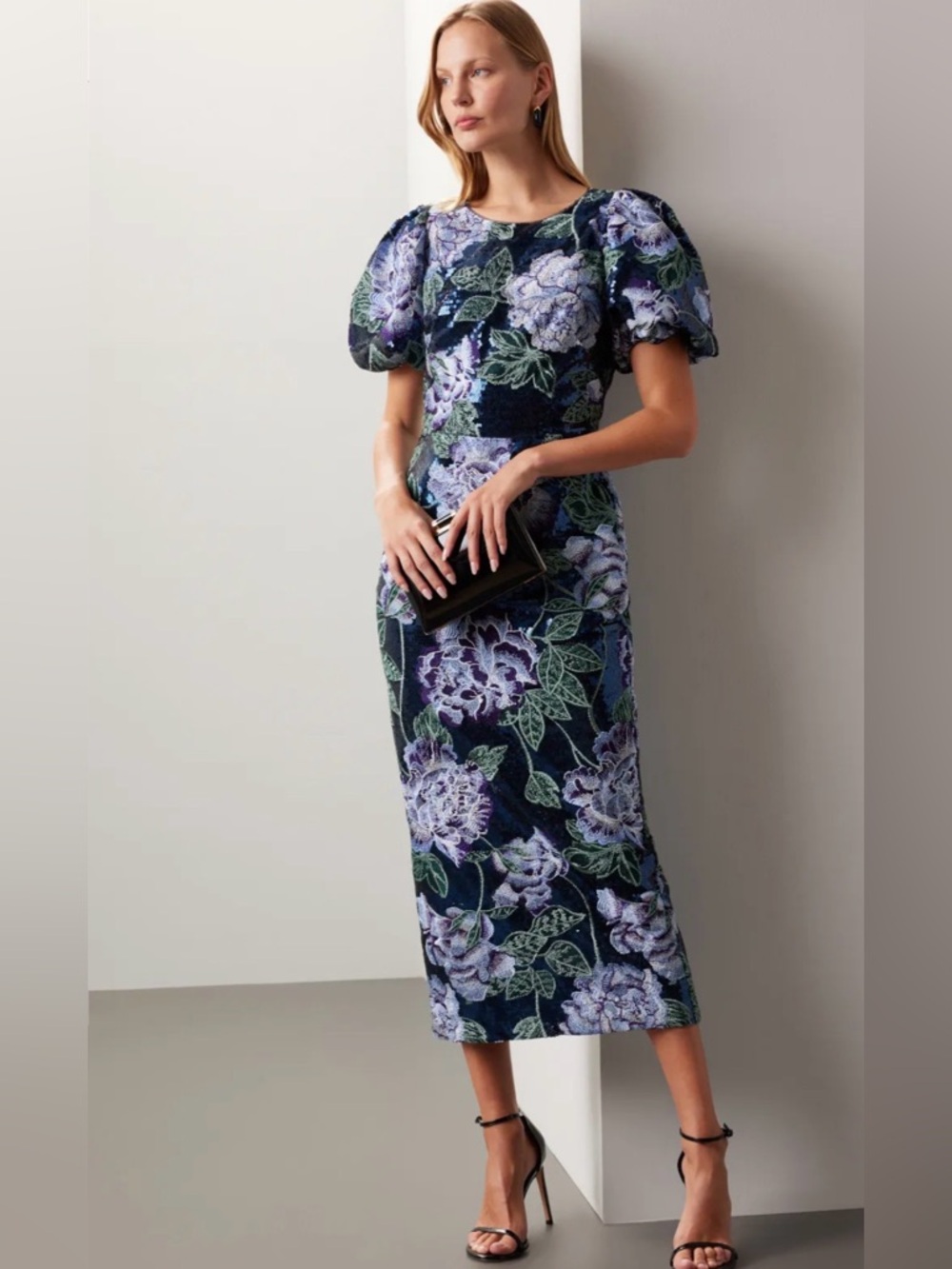 Marchesa Notte Puff-Sleeve Midi Dress with Lavender Blooms Sz 16
